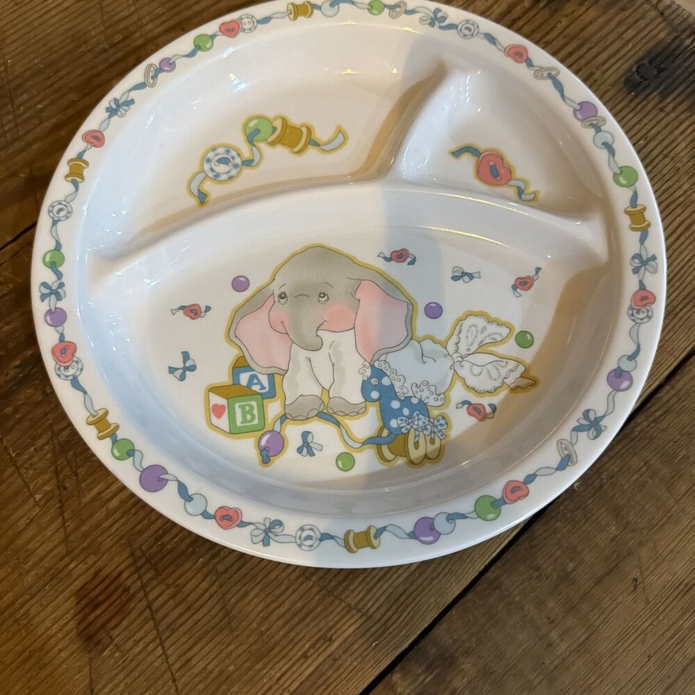 Vintage Precious Moments 3-Section Baby Plate, Ceramic, White/Pink/Blue